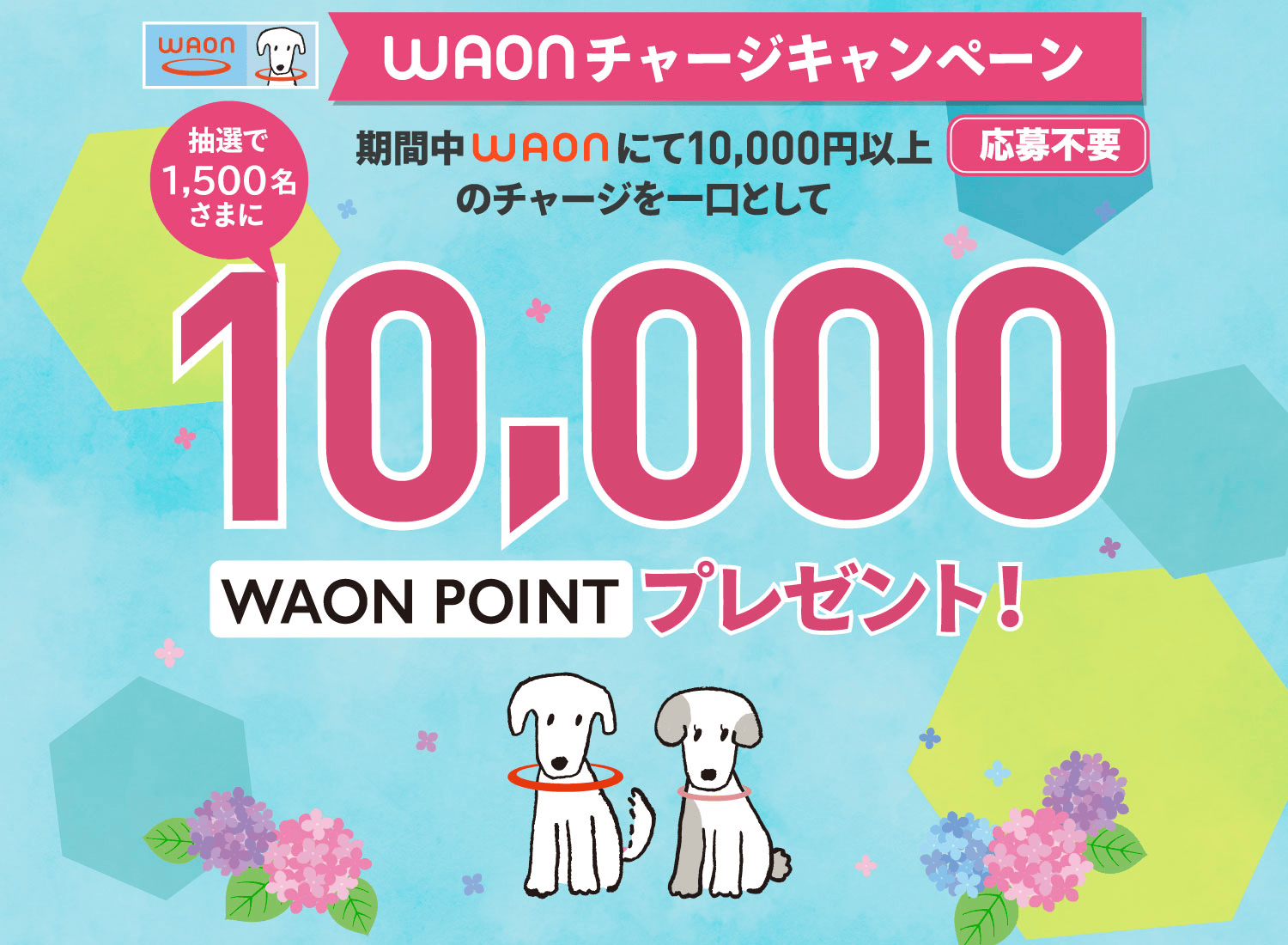 WAONチャージキャンペーン 期間中WAONにて10,000円以上のチャージを一口として抽選で2,000名さまに10,000WAON POINTプレゼント