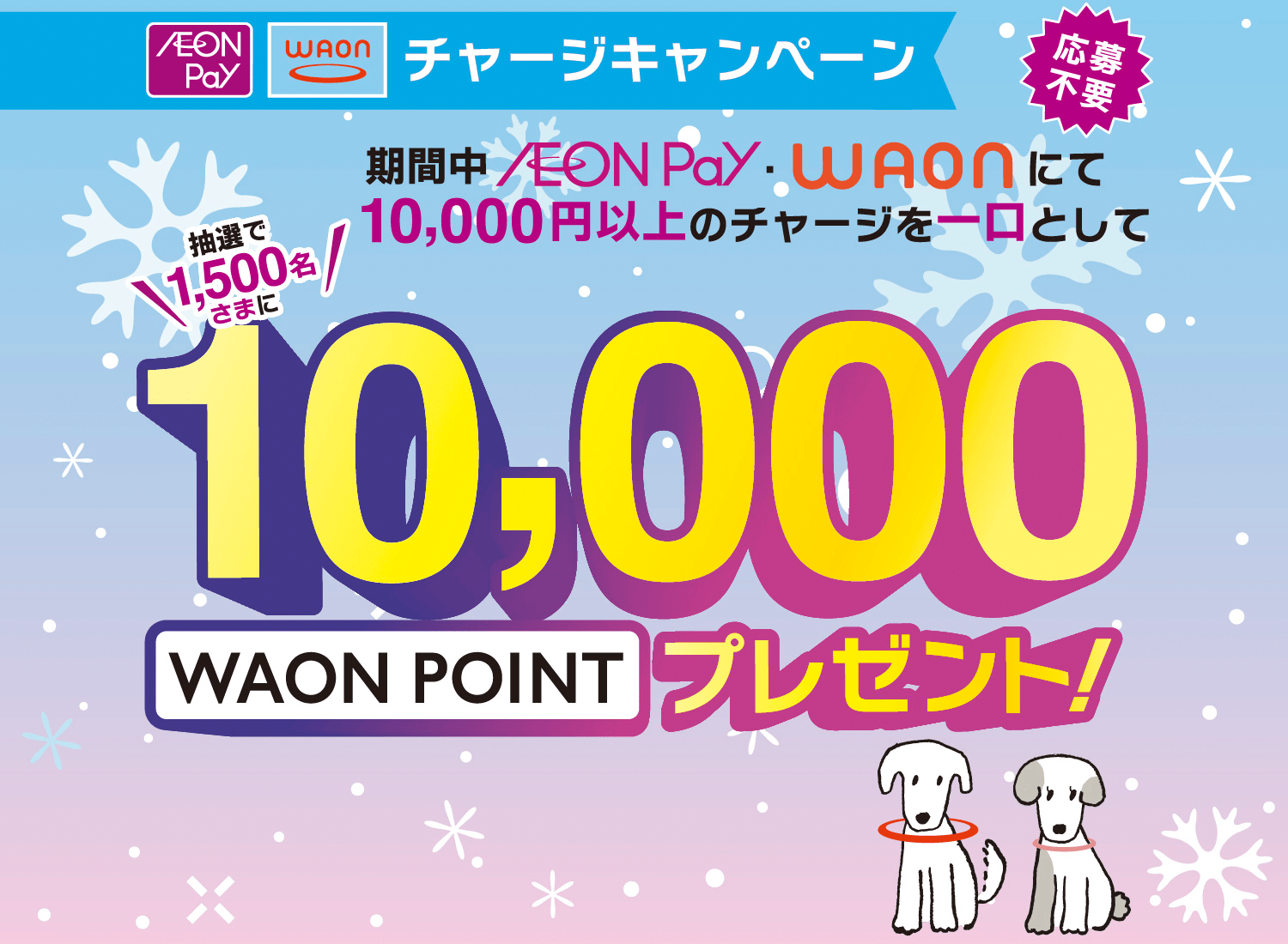 WAONチャージキャンペーン 期間中WAONにて10,000円以上のチャージを一口として抽選で1,500名さまに10,000WAON POINTプレゼント