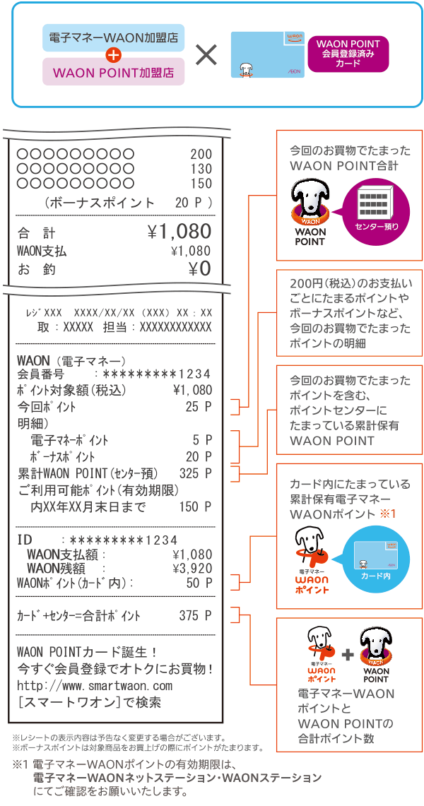 電子マネーWAON加盟店+WAON POINT加盟店でWAON POINT会員登録済みカードをご利用の場合のレシートの見方