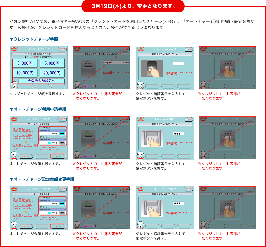 3月19日(木)より、イオン銀行ATMでの、電子マネーWAONの「オートチャージ利用申請・設定金額変更」の操作が、クレジットカードを挿入することなく、操作ができるようになります。