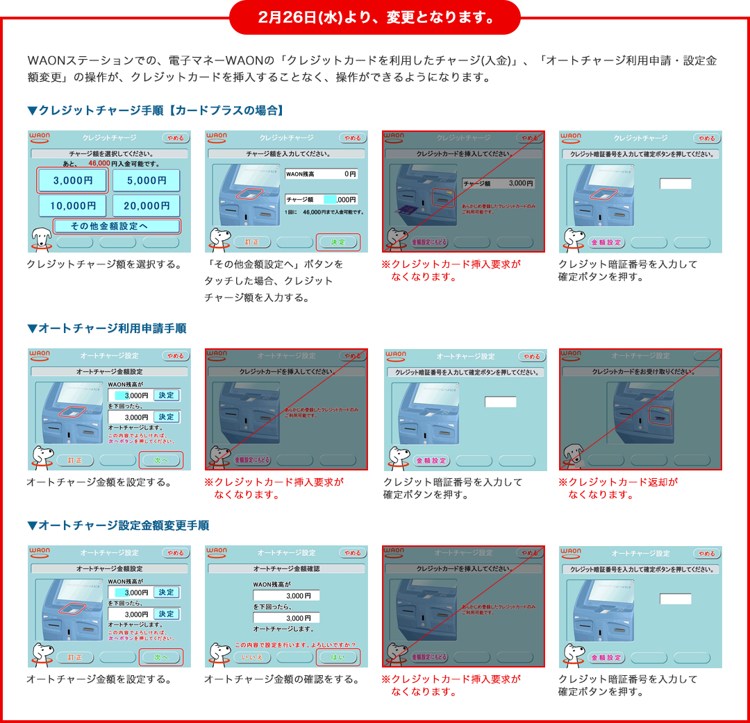 WAONステーションでの、電子マネーWAONの「クレジットカードを利用したチャージ(入金)」、「オートチャージ利用申請・設定金額変更」の操作が、クレジットカードを挿入することなく、操作ができるようになります。