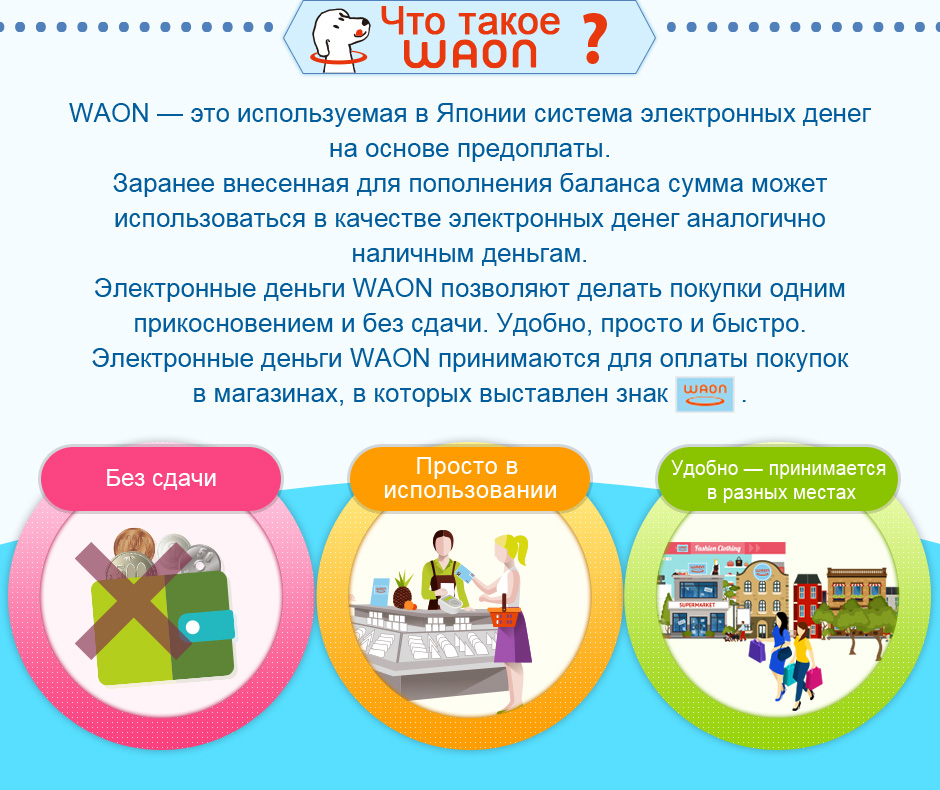WAON — это используемая в Японии система электронных денег на основе предоплаты.   Заранее внесенная для пополнения баланса сумма может использоваться в качестве электронных денег аналогично наличным деньгам.  Электронные деньги WAON позволяют делать покупки одним прикосновением и без сдачи.  Удобно, просто и быстро.