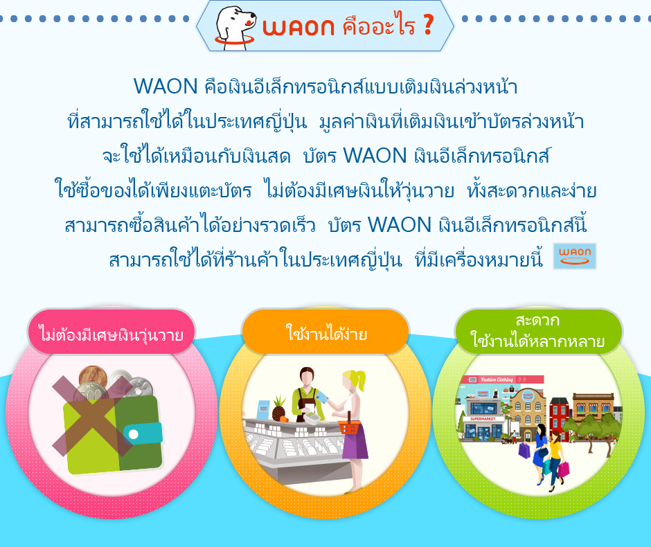 WAON คือเงินอีเล็กทรอนิกส์แบบเติมเงินล่วงหน้า ที่สามารถใช้ได้ในประเทศญี่ปุ่นมูลค่าเงินที่เติมเงินเข้าบัตรล่วงหน้า จะใช้ได้เหมือนกับเงินสดบัตร WAON เงินอีเล็กทรอนิกส์ ใช้ซื้อของได้เพียงแตะบัตร ไม่ต้องมีเศษเงินให้วุ่นวายทั้งสะดวกและง่าย สามารถซื้อสินค้าได้อย่างรวดเร็วบัตร WAON เงินอีเล็กทรอนิกส์นี้ สามารถใช้ได้ที่ร้านค้าในประเทศญี่ปุ่น ที่มีเครื่องหมายน